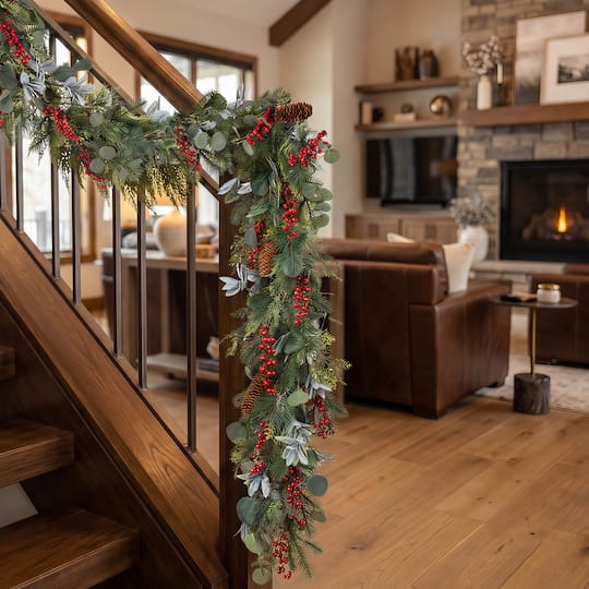 Glitzhome® 6ft. Christmas Berry & Pinecone Eucalyptus Garland, Set of 2
